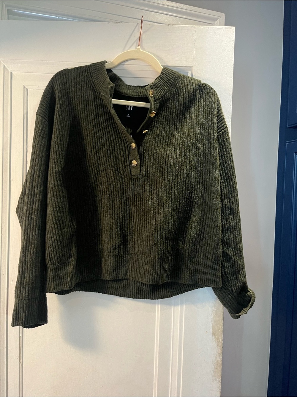 GAP Olive Green Ribbed Button-Neck Pullover